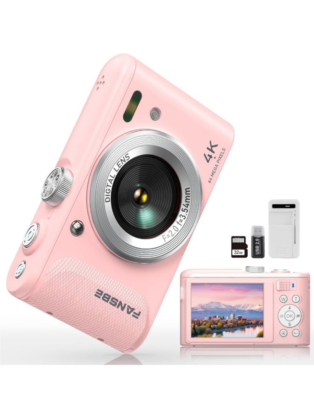 4K Vlogging Camera, 64MP Point & Shoot, 18X Zoom, Anti-Shake, Compact, Blush